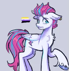 Size: 633x651 | Tagged: safe, artist:kreeeeeez, derpibooru import, zipp storm, pegasus, pony, g5, ear piercing, earring, floppy ears, image, jewelry, looking sideways, messy tail, mouthpiece, nervous, nonbinary, nonbinary pride flag, piercing, png, politics, pride, pride flag, raised hoof, solo, tail, turned head, unshorn fetlocks