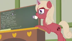 Size: 3500x2000 | Tagged: safe, artist:mariculture, ponerpics import, oc, oc:happy heartsong, unofficial characters only, pony, unicorn, chalk, chalkboard, classroom, cup, desk, drinking, female, glasses, horn, image, magic, mare, png, school, solo, teacup, telekinesis, unicorn oc