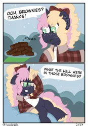 Size: 1640x2360 | Tagged: safe, artist:fionnaskribbles, derpibooru import, oc, oc:marzipan creme, unofficial characters only, pony, unicorn, brownie, drugged, edible, female, food, high, horn, image, png, solo