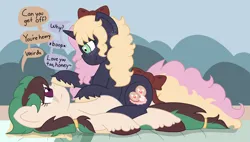 Size: 3178x1799 | Tagged: safe, artist:fionnaskribbles, derpibooru import, oc, oc:marzipan creme, oc:wild spearmint, unofficial characters only, pegasus, pony, unicorn, annoyed, boop, dialogue, female, females only, horn, image, lesbian, lying down, noseboop, oc x oc, png, shipping, smiling, teasing