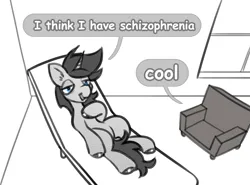 Size: 2400x1773 | Tagged: safe, artist:opalacorn, derpibooru import, oc, unofficial characters only, earth pony, pony, black and white, chair, dialogue, grayscale, image, jpeg, lying down, male, meme, monochrome, on back, ponified meme, schizophrenia, solo, speech bubble, stallion