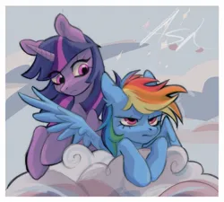 Size: 1655x1492 | Tagged: safe, artist:k_lash147, derpibooru import, rainbow dash, twilight sparkle, pegasus, pony, g4, cloud, duo, duo female, eye clipping through hair, female, horn, image, jpeg, lying down, lying on a cloud, mare, on a cloud, rainbow dash is not amused, spread wings, unamused, wings