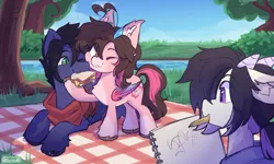 Size: 3000x1800 | Tagged: safe, artist:cuiicie, derpibooru import, oc, oc:fenris ebonyglow, oc:key mash, unofficial characters only, bat pony, goat, pegasus, pony, female, food, image, male, mare, picnic, png, stallion