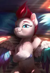 Size: 1372x1982 | Tagged: safe, alternate version, artist:itssim, derpibooru import, zipp storm, pegasus, pony, g5, adorazipp, arm behind head, bed, belly, belly button, chest fluff, colored wings, colored wingtips, cute, ear fluff, female, fluffy, image, laying on bed, lightly watermarked, looking at you, lying down, mare, multicolored wings, on back, on bed, partially open wings, png, smiling, smiling at you, solo, sunlight, unshorn fetlocks, watermark, wings