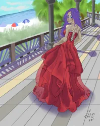 Size: 1600x2022 | Tagged: safe, artist:tenshihoshino, derpibooru import, rarity, human, g4, beach, beach umbrella, bedroom eyes, boardwalk, clothes, dress, eyeshadow, female, gown, humanized, image, makeup, ocean, outdoors, png, sand, solo, umbrella, water