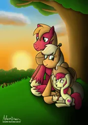 Size: 2059x2912 | Tagged: safe, artist:greenflyart, derpibooru import, apple bloom, applejack, big macintosh, earth pony, pony, g4, apple siblings, apple sisters, brother and sister, female, filly, foal, image, male, mare, outdoors, png, siblings, sisters, tree, trio