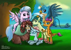 Size: 2912x2059 | Tagged: safe, artist:greenflyart, derpibooru import, gallus, ocellus, sandbar, silverstream, smolder, yona, changedling, changeling, classical hippogriff, dragon, earth pony, gryphon, hippogriff, pony, yak, g4, season 8, spoiler:s08, bow, claws, cloven hooves, colored hooves, dragoness, female, flying, hair bow, hooves, image, looking at you, male, mane six opening poses, monkey swings, paws, png, stallion, student six, tail, teenager, wings