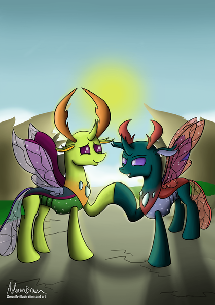 Size: 2059x2912 | Tagged: safe, artist:greenflyart, derpibooru import, pharynx, thorax, changedling, changeling, g4, brothers, changedling brothers, cute, hoofbump, image, king thorax, male, pharybetes, png, prince pharynx, shadow, siblings, sun, thorabetes