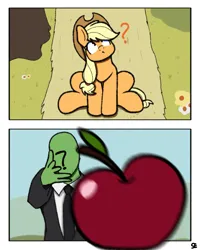 Size: 1080x1350 | Tagged: safe, artist:sefastpone, derpibooru import, applejack, oc, oc:anon, earth pony, pony, 2 panel comic, apple, comic, confused, cowboy hat, digital art, food, hat, image, meme, png, throwing