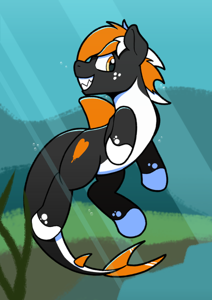 Size: 2480x3508 | Tagged: safe, artist:sefastpone, derpibooru import, oc, oc:se, unofficial characters only, original species, shark, shark pony, bubble, digital art, fins, fish tail, flowing mane, flowing tail, image, ocean, png, seaweed, shark tail, shark teeth, smiling, solo, sunlight, swimming, tail, underwater, water