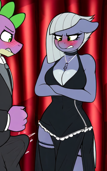 Size: 509x814 | Tagged: questionable, ai content, derpibooru import, machine learning generated, novelai, stable diffusion, limestone pie, spike, anthro, dragon, earth pony, g4, age difference, angry, big breasts, blushing, breasts, busty limestone pie, clothes, dress, duo, duo male and female, erection, female, image, indoors, lowres, male, penis, png, prompter:genderface, ship:spikestone, shipping, straight, tenting