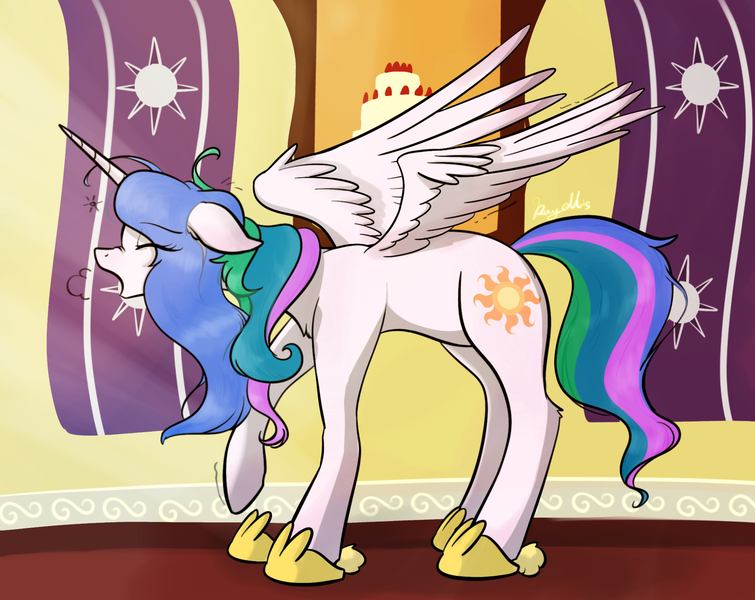 Size: 1888x1500 | Tagged: safe, artist:rayelli, derpibooru import, princess celestia, alicorn, pony, g4, cake, clothes, cute, cutelestia, derpibooru exclusive, eyes closed, female, flag, food, image, mare, open mouth, picture, png, sleepy, slippers, solo, spread wings, standing on three hooves, stretching, text, wings, yawn, younger