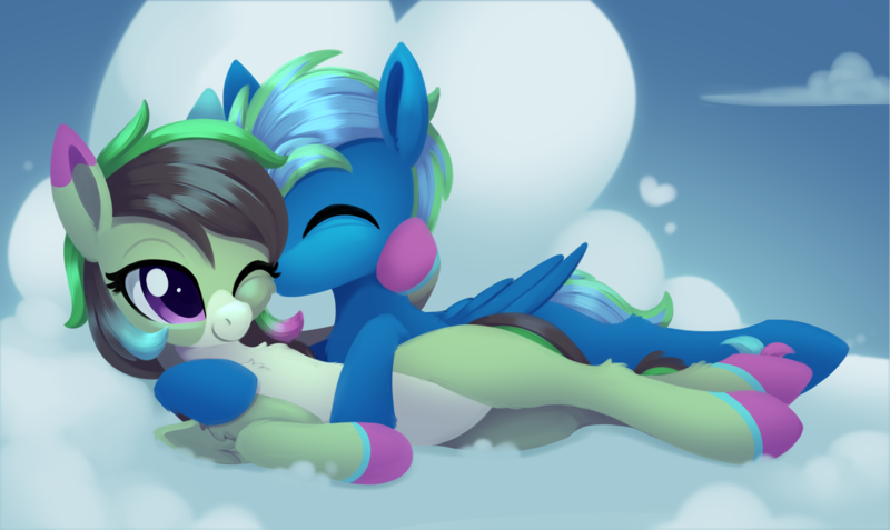 Size: 2695x1606 | Tagged: safe, artist:dusthiel, derpibooru import, oc, unofficial characters only, pegasus, pony, cloud, cuddling, duo, image, on a cloud, pegasus oc, png, wings