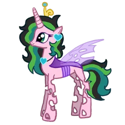 Size: 706x706 | Tagged: safe, artist:3173_delta, derpibooru import, oc, oc:stolen love, unofficial characters only, alicorn, changeling, changepony, hybrid, pony, g4, alicorn oc, changeling wings, ear piercing, female, green eyes, horn, image, interspecies offspring, jewelry, magical lesbian spawn, mare, multicolored hair, multicolored mane, multicolored tail, necklace, offspring, parent:princess cadance, parent:queen chrysalis, parents:cadalis, piercing, pink coat, png, purple wings, simple background, solo, tail, tiara, trace, transparent background, wings