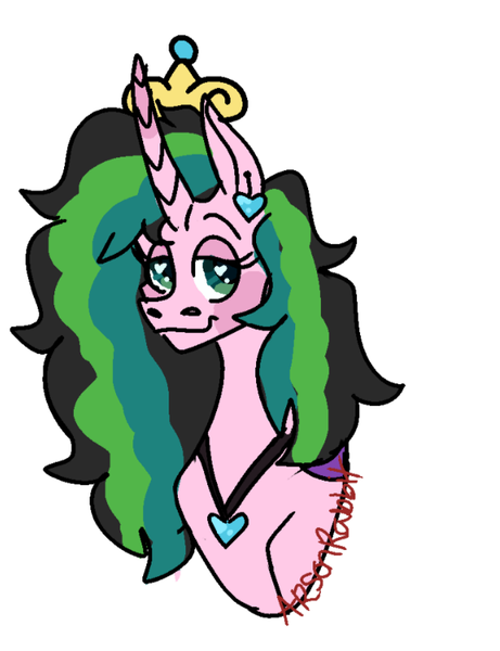 Size: 625x813 | Tagged: safe, artist:arsonrabbit, derpibooru import, oc, oc:stolen love, unofficial characters only, alicorn, changeling, changepony, hybrid, pony, g4, alicorn oc, bust, ear piercing, female, green eyes, horn, image, interspecies offspring, jewelry, looking at you, magical lesbian spawn, mare, multicolored hair, multicolored mane, necklace, offspring, parent:princess cadance, parent:queen chrysalis, parents:cadalis, piercing, pink coat, png, simple background, solo, tiara, white background, wingding eyes, wings