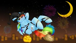 Size: 5760x3240 | Tagged: safe, artist:twinky, derpibooru import, rainbow dash, pegasus, semi-anthro, g4, anatomically incorrect, belt, broom, butt, chest fluff, city, crescent moon, female, fireworks, hat, image, incorrect leg anatomy, looking at each other, looking at someone, mlp fim's fourteenth anniversary, moon, night, plot, png, pumpkin, smiling, solo, wings, witch hat