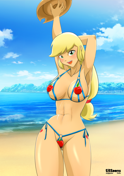 Size: 4961x7016 | Tagged: suggestive, alternate version, artist:tittoons, applejack, human, abs, applejack's hat, armpits, beach, bikini, breasts, busty applejack, cleavage, clothes, cowboy hat, cutie mark on human, female, hat, humanized, image, looking at you, micro bikini, outdoors, panties, png, smiling, solo, solo female, swimsuit, thong, underwear