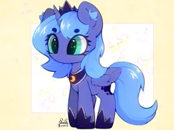 Size: 4000x3000 | Tagged: safe, artist:zokkili, derpibooru import, princess luna, alicorn, pony, g4, beanbrows, crown, ear fluff, eyebrows, eyebrows visible through hair, female, folded wings, high res, hoof shoes, horn, image, jewelry, jpeg, mare, peytral, princess shoes, regalia, signature, solo, tail, wings