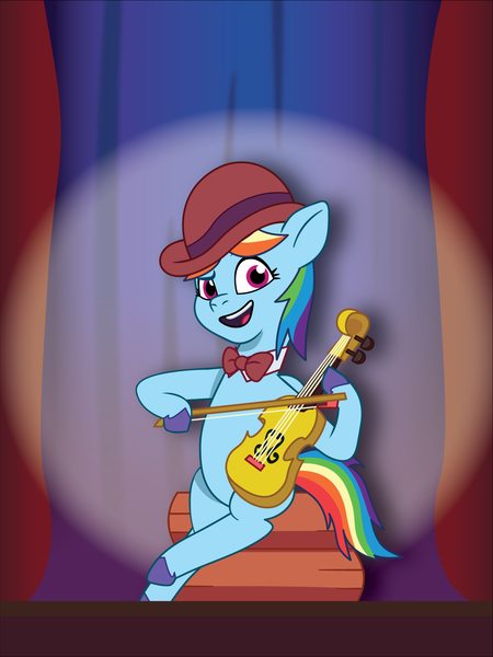 Size: 1134x1513 | Tagged: safe, artist:prixy05, derpibooru import, rainbow dash, pegasus, pony, g4, g5, my little pony: tell your tale, bowler hat, clothes, curtains, female, fiddle, g4 to g5, generation leap, hat, image, mare, musical instrument, necktie, png, sitting, solo, spotlight, tell your tale style