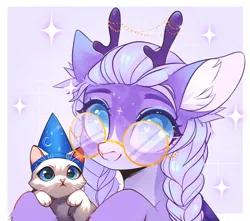 Size: 1280x1133 | Tagged: safe, artist:vinum, derpibooru import, cat, pony, :3, blue eyes, commission, cute, glasses, horns, image, jpeg, kitten, magic, pigtails, purple body, soft color, solo, your character here