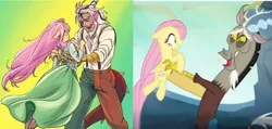 Size: 750x357 | Tagged: safe, artist:dinakyo, derpibooru import, discord, fluttershy, human, semi-anthro, g4, to where and back again, age difference, clothes, discoshy, dress, female, humanized, image, jpeg, male, reunion, scene interpretation, shipping, straight, suit