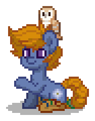 Size: 188x240 | Tagged: safe, derpibooru import, oc, oc:starflower, unofficial characters only, bird, earth pony, owl, pony, pony town, g4, blue coat, boots, braid, braided tail, clothes, digital art, earth pony oc, image, magical lesbian spawn, male, offspring, orange hair, parent:applejack, parent:twilight sparkle, parents:twijack, pixel art, png, purple eyes, raised hoof, shoes, simple background, sitting, solo, stallion, tail, transparent background