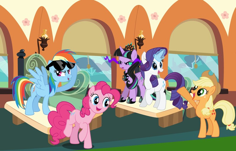 Size: 1920x1226 | Tagged: safe, derpibooru import, edit, editor:luckydog416, applejack, pinkie pie, rainbow dash, rarity, oc, oc:twivine sparkle, earth pony, pegasus, pony, unicorn, friendship express, horn, image, jpeg, locomotive, steam locomotive, train