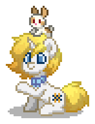 Size: 196x256 | Tagged: safe, derpibooru import, oc, oc:basket weave, unofficial characters only, pony, rabbit, unicorn, pony town, g4, animal, blue eyes, bowtie, collar, digital art, gradient hair, gradient mane, gradient tail, horn, image, magical lesbian spawn, male, offspring, orange hair, orange mane, orange tail, parent:fluttershy, parent:rarity, parents:flarity, pixel art, png, raised hoof, simple background, sitting, solo, stallion, tail, transparent background, unicorn oc, white coat, yellow hair, yellow mane, yellow tail