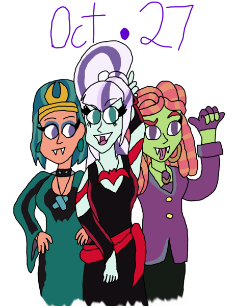 Size: 4000x5234 | Tagged: safe, artist:ktd1993, derpibooru import, coloratura, somnambula, tree hugger, equestria girls, g4, clothes, costume, countess coloratura, halloween, halloween costume, hex girls, holiday, image, png, scooby-doo!