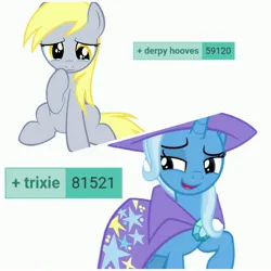 Size: 4096x4096 | Tagged: safe, derpibooru import, derpy hooves, trixie, pegasus, pony, unicorn, g4, brooch, cape, clothes, duo, duo female, female, frown, hat, horn, image, jewelry, jpeg, looking down, mare, meme, raised hoof, sad, sad pony, simple background, sitting, smiling, smug, smug smile, teary eyes, trixie's brooch, trixie's cape, trixie's hat, white background