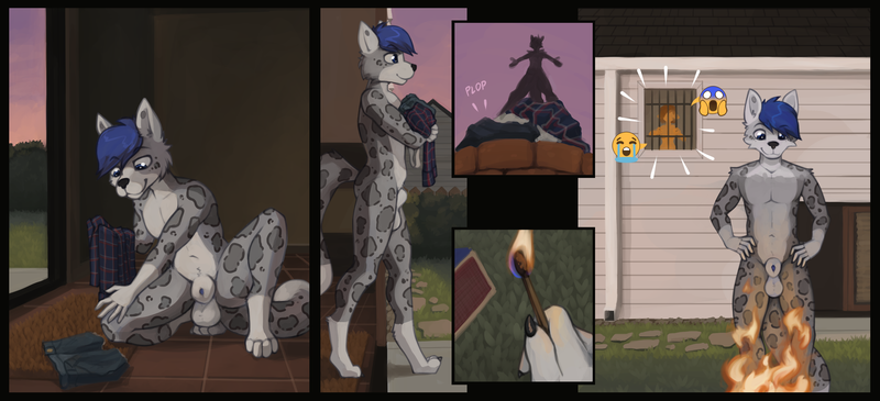 Size: 3188x1456 | Tagged: explicit, grimdark, artist:marsminer, derpibooru import, oc, oc:venus spring, unofficial characters only, anthro, big cat, leopard, snow leopard, series:bummed for burgling, barely pony related, burning, clothes, comic, feline, female, fire, forced, furry, furry oc, image, kidnapped, male, nudity, obligatory pony, png, sheath