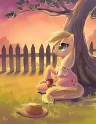 Size: 800x1035 | Tagged: safe, artist:fantazyme, derpibooru import, applejack, earth pony, pony, g4, 4everfreebrony, apple, cowboy hat, female, fence, food, hat, image, jpeg, obligatory apple, solo, sunset, tree