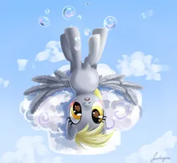 Size: 908x835 | Tagged: safe, artist:fantazyme, derpibooru import, derpy hooves, pegasus, pony, g4, bubble, cloud, cloudy, female, image, jpeg, mare, solo, upside down