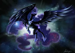 Size: 2117x1500 | Tagged: safe, artist:fantazyme, derpibooru import, nightmare moon, alicorn, pony, g4, armor, female, flying, image, jpeg, majestic, mare, solo, space, spread wings, wings