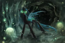 Size: 1700x1120 | Tagged: safe, artist:fantazyme, derpibooru import, queen chrysalis, changeling, changeling queen, g4, crown, fangs, female, frown, glow, glowing eyes, image, jewelry, jpeg, open mouth, regalia, solo, standing