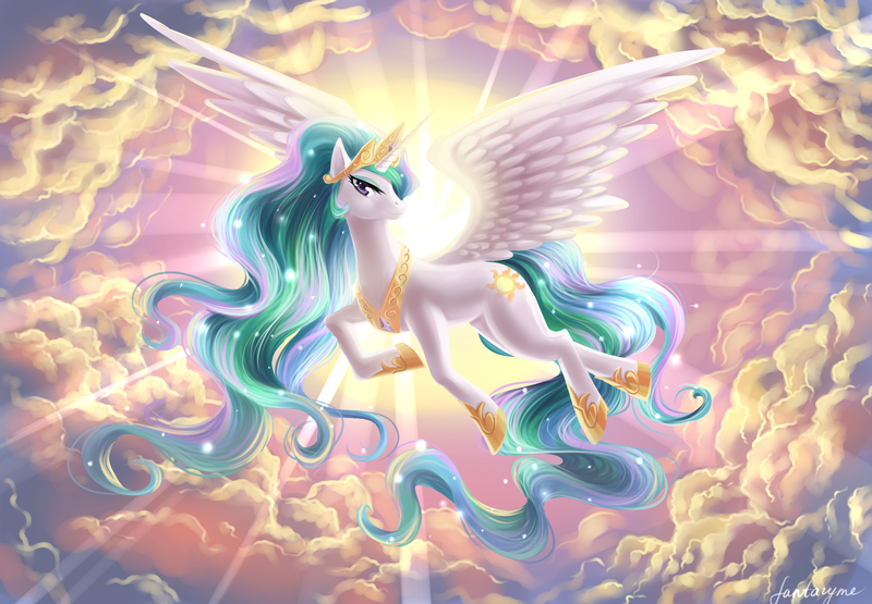 Size: 2124x1474 | Tagged: safe, artist:fantazyme, derpibooru import, princess celestia, alicorn, pony, g4, beautiful, cloud, crepuscular rays, female, flying, image, jpeg, mare, smiling, solo, spread wings, sun, wings