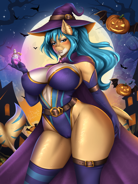 Size: 2625x3500 | Tagged: suggestive, artist:ashimaroo, derpibooru import, oc, unofficial characters only, anthro, original species, shark, shark pony, clothes, commission, evening gloves, gloves, halloween, halloween2024, hat, holiday, image, long gloves, love potion, png, solo, witch, witch hat, ych result