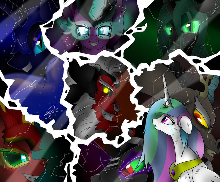 Size: 2128x1764 | Tagged: safe, artist:ebonyinkstone, derpibooru import, discord, king sombra, lord tirek, nightmare moon, princess celestia, queen chrysalis, sci-twi, sunset shimmer, twilight sparkle, ponified, alicorn, centaur, changeling, changeling queen, draconequus, pony, taur, equestria girls, g4, the cutie re-mark, antagonist, equestria girls ponified, female, image, jpeg, male, mare, midnight sparkle, my little pony equestria girls: friendship games, sunset satan