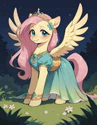 Size: 896x1152 | Tagged: safe, ai content, derpibooru import, machine learning generated, prompter:gullveigai, stable diffusion, fluttershy, pegasus, pony, g4, clothes, dress, image, jewelry, night, outdoors, png, spread wings, tiara, wings