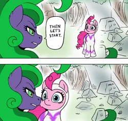 Size: 938x888 | Tagged: safe, artist:sekuponi, derpibooru import, fili-second, mane-iac, pinkie pie, earth pony, pony, g4, 2 panel comic, clothes, comic, female, image, jpeg, mare, one punch man, ponified scene, power ponies, rock, speech bubble, suit, text, tree