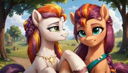 Size: 2560x1456 | Tagged: safe, ai content, derpibooru import, machine learning generated, prompter:cypher, sunny starscout, earth pony, pony, g5, duo, duo female, female, image, jpeg, mare, mother and child, mother and daughter, smiling, velvet starscout