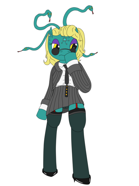 Size: 2449x3266 | Tagged: questionable, artist:timejumper, derpibooru import, oc, oc:calliope tsakonas, unofficial characters only, anthro, gorgon, brainwashed, brainwashing, clothes, commission info in description, forked tongue, garters, glasses, high heels, image, mind control, necktie, panties, png, secretary, see-through, see-through panties, shoes, skirt, socks, solo, stockings, suit, thigh highs, underwear