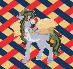 Size: 565x533 | Tagged: safe, artist:azira faerinx, derpibooru import, oc, unofficial characters only, bat pony, g4, artificial wings, augmented, blue background, fruit, gray coat, green mane, halloween, hat, holding, holiday, image, magic, magic wings, nose piercing, nose ring, obtrusive watermark, orange eyes, piercing, png, raspberry, red background, septum piercing, simple background, spooky, spots, standing, tongue out, watermark, wings