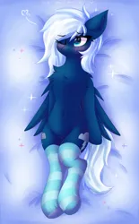 Size: 2300x3700 | Tagged: safe, artist:gaffy, derpibooru import, oc, oc:thunder drop, unofficial characters only, pegasus, bed, belly, belly button, blinking, blushing, chest fluff, clothes, ear fluff, featureless crotch, image, legs together, lying down, pegasus oc, png, sexy, socks, striped socks, wings