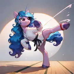 Size: 1024x1024 | Tagged: safe, ai content, derpibooru import, machine learning generated, prompter:not lawrence, stable diffusion, izzy moonbow, pony, unicorn, g5, black belt, clothes, female, generator:pony diffusion v6 xl, gi, horn, image, jpeg, kick, kicking, mare, martial arts, one leg raised, solo