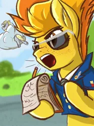 Size: 3067x4096 | Tagged: safe, artist:simplesaemple, derpibooru import, derpy hooves, spitfire, pegasus, pony, g4, clothes, cloud, drill sergeant, freckles, image, jpeg, notebook, outdoors, pencil, sunglasses, uniform, wonderbolt trainee uniform, yelling