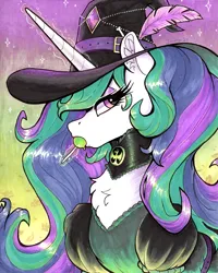 Size: 4757x5934 | Tagged: safe, artist:dandy, derpibooru import, princess celestia, alicorn, pony, g4, bone, buckle, candy, chest fluff, choker, clothes, copic, ear fluff, feather, female, food, gradient background, hat, horn, image, lollipop, looking at you, png, solo, traditional art, witch costume, witch hat