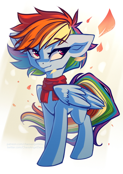 Size: 842x1191 | Tagged: safe, artist:chaosangeldesu, derpibooru import, rainbow dash, pegasus, pony, autumn, clothes, cute, image, jpeg, leaves, scarf, solo