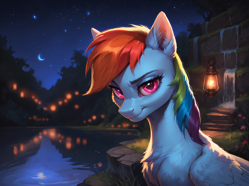 Size: 8192x6144 | Tagged: safe, ai content, derpibooru import, machine learning generated, rainbow dash, pony, unicorn, g4, 4k, bedroom eyes, flower, glow, glowing eyes, grass, high res, horn, image, jpeg, lamp, looking at you, moon, night, plant, river, seductive, smiling, smiling at you, smug, solo, starry night, tree, water, waterfall