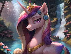 Size: 8192x6144 | Tagged: safe, ai content, derpibooru import, machine learning generated, princess cadance, alicorn, pony, g4, 4k, bedroom eyes, flower, high res, image, jpeg, looking at you, plant, river, seductive, smiling, smiling at you, smug, solo, tree, water, waterfall